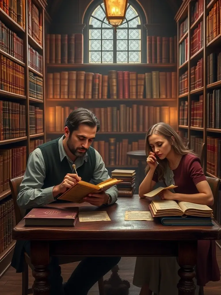 A photo of Vox Cantoris members researching ancient musical scores in a library, highlighting their dedication to uncovering forgotten musical treasures.