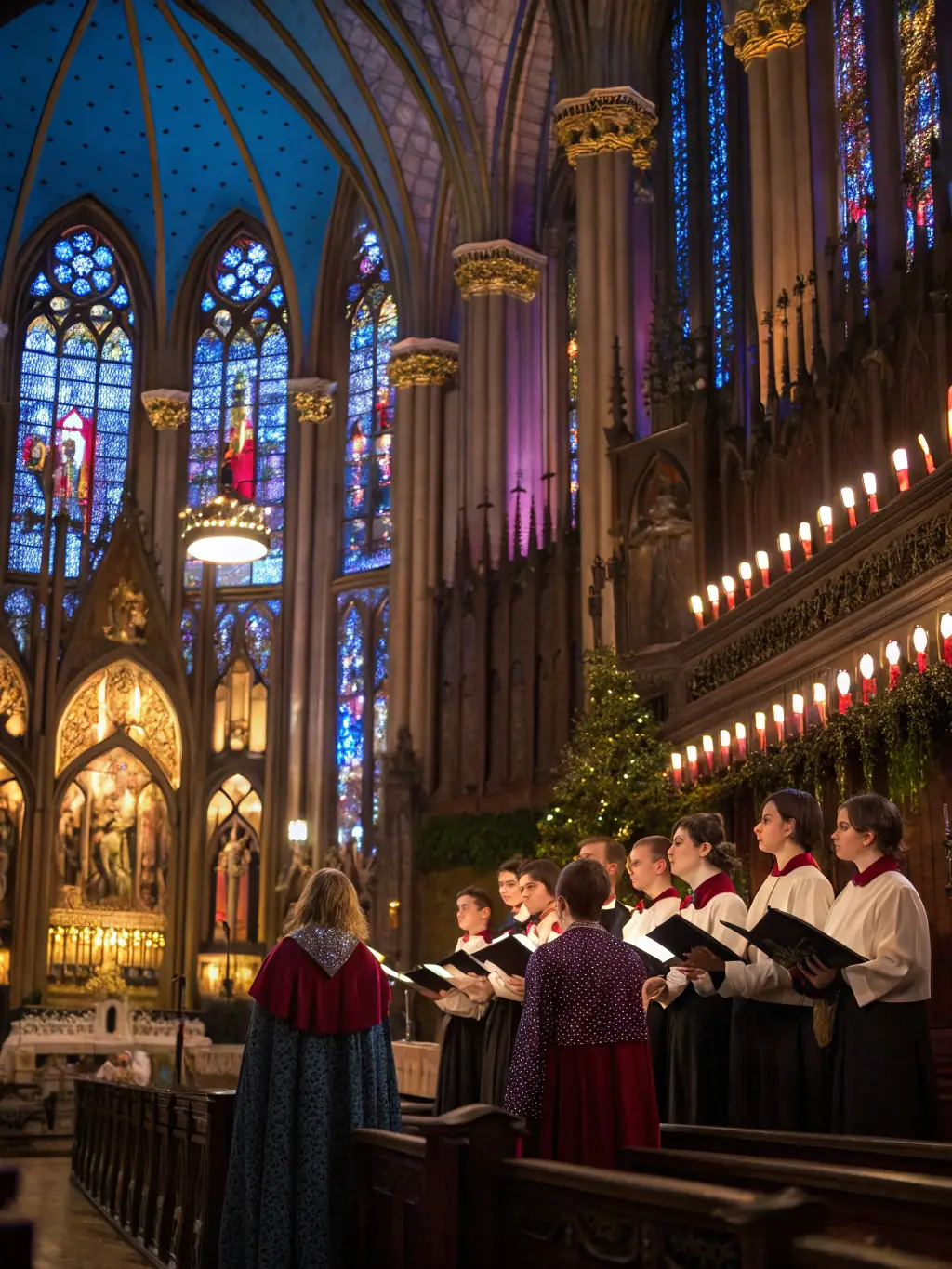 A photograph capturing Vox Cantoris performing a sacred music piece in a grand cathedral, showcasing their commitment to historical accuracy and artistic excellence.