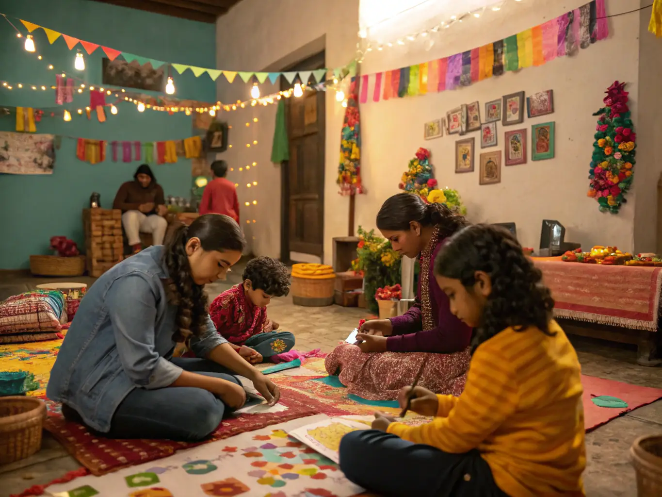A vibrant photo of children and adults participating in a community art workshop at the Centre, showcasing the joy and creativity of the cultural activities.