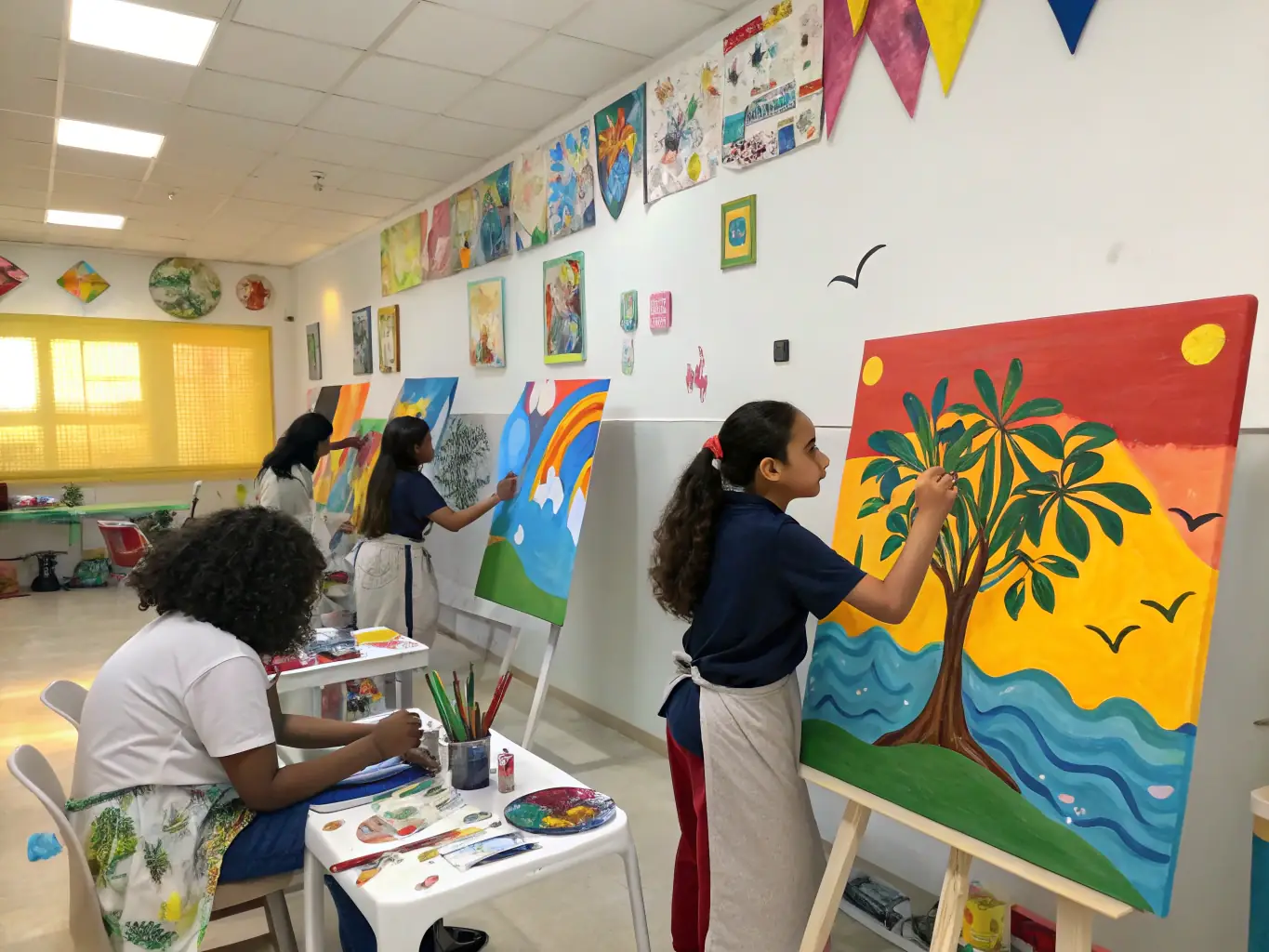A vibrant image showcasing children participating in an art workshop, with paintbrushes and colorful artwork visible, capturing the creative atmosphere of the Centre Culturel des Cordeliers.