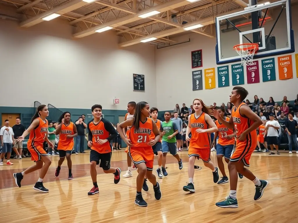 A lively image of teenagers playing basketball in a gymnasium, showcasing teamwork and sportsmanship, during a sports program at Centre Culturel des Cordeliers.