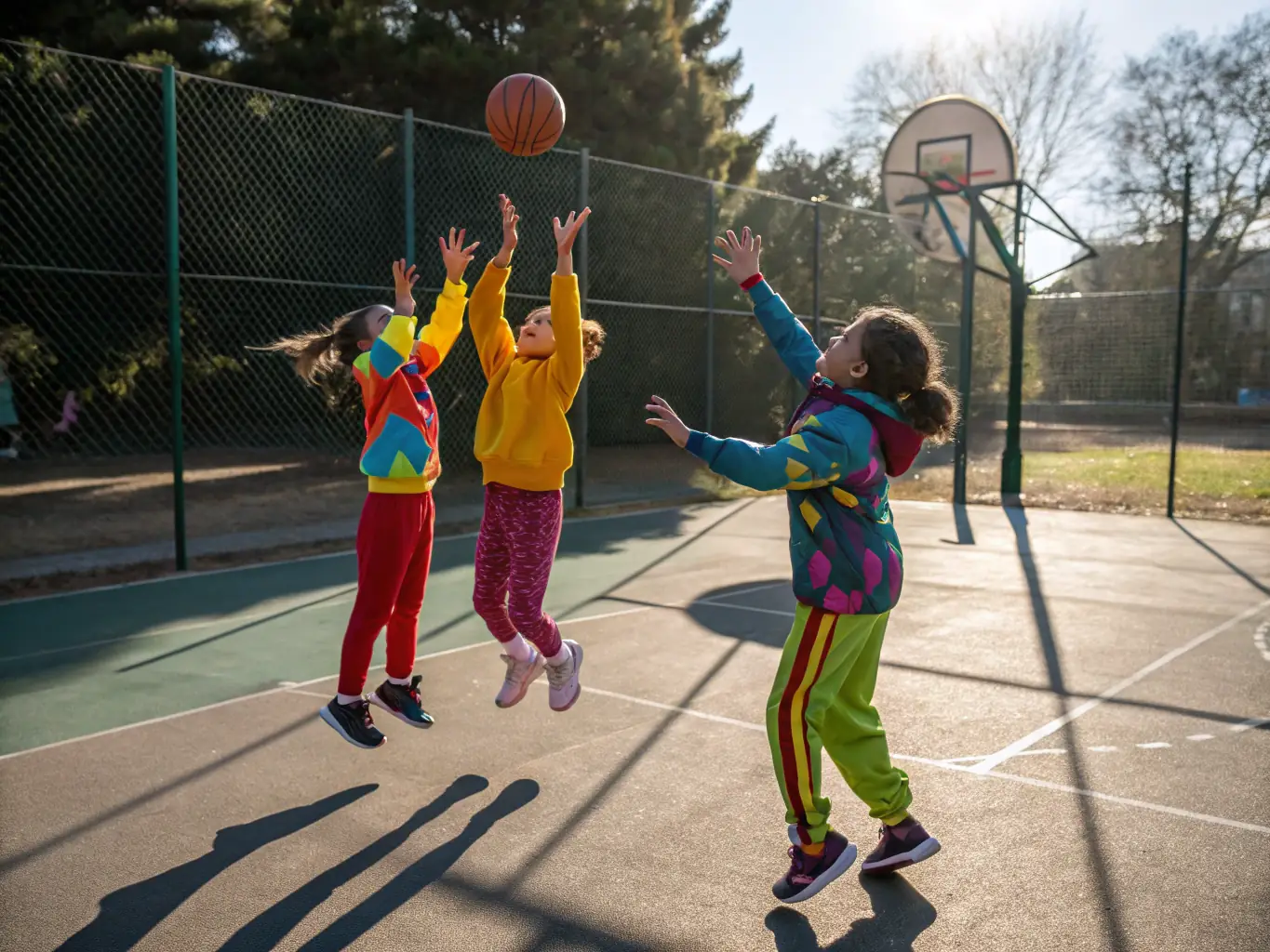 An energetic image of children playing basketball on the Centre's outdoor court, highlighting the fun and teamwork involved in sports programs.