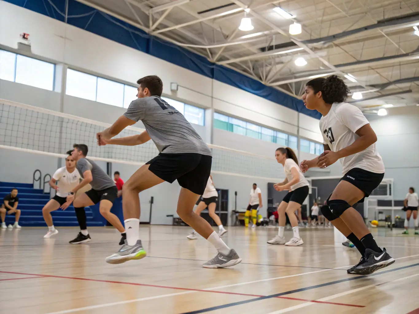 An action shot of adults playing volleyball in a well-lit gymnasium, demonstrating the energy and teamwork involved in the sports programs at the Centre Culturel des Cordeliers.