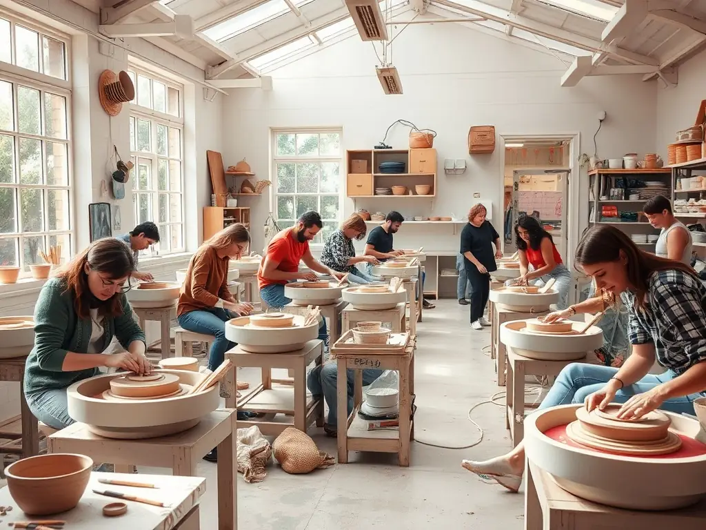 A photograph of a group of adults attending a pottery class at the Centre Culturel des Cordeliers, emphasizing the lifelong learning opportunities available.
