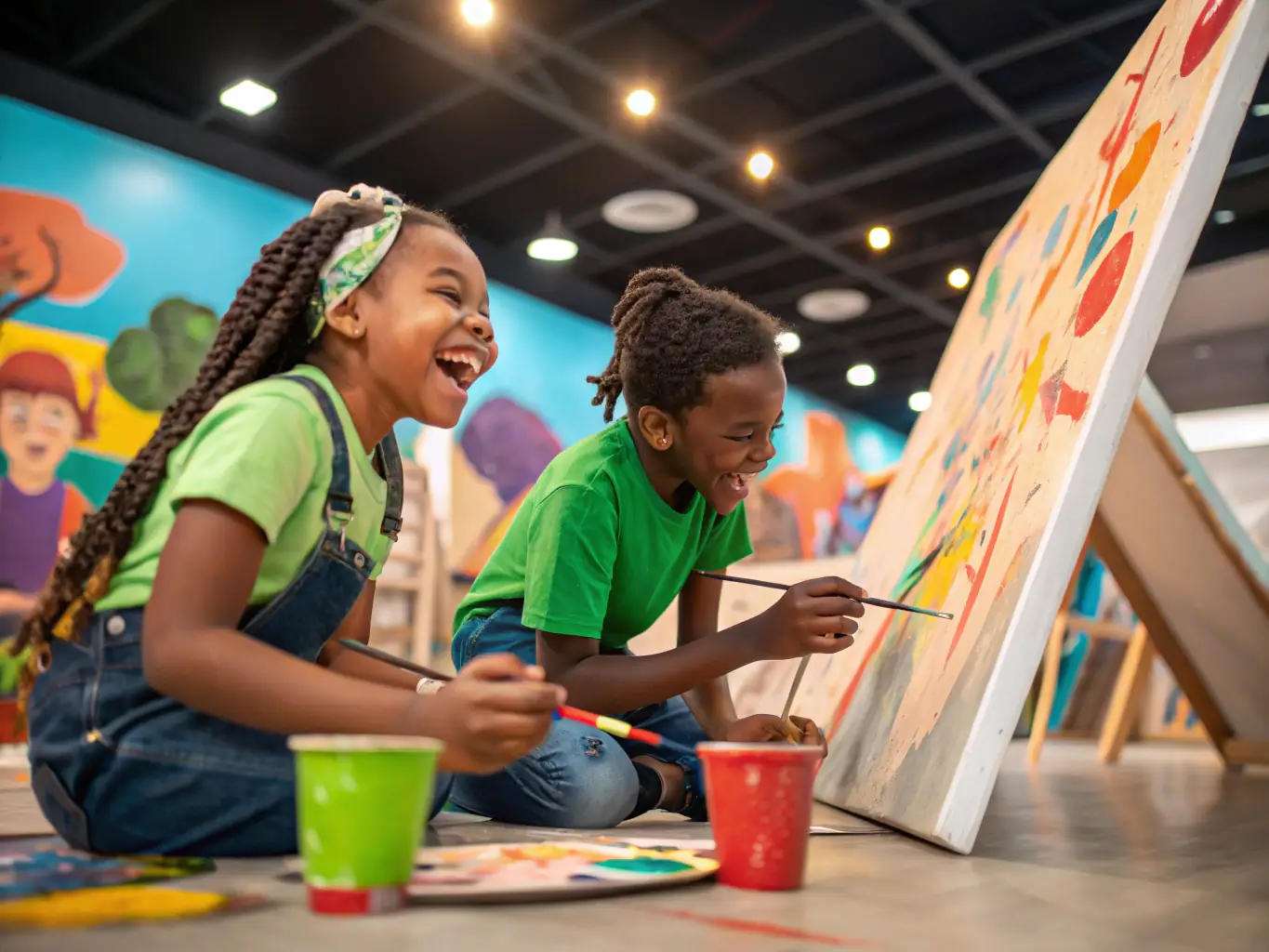 A vibrant image of children participating in an art workshop, painting and creating artwork with enthusiasm, set in a bright and colorful studio environment at Centre Culturel des Cordeliers.