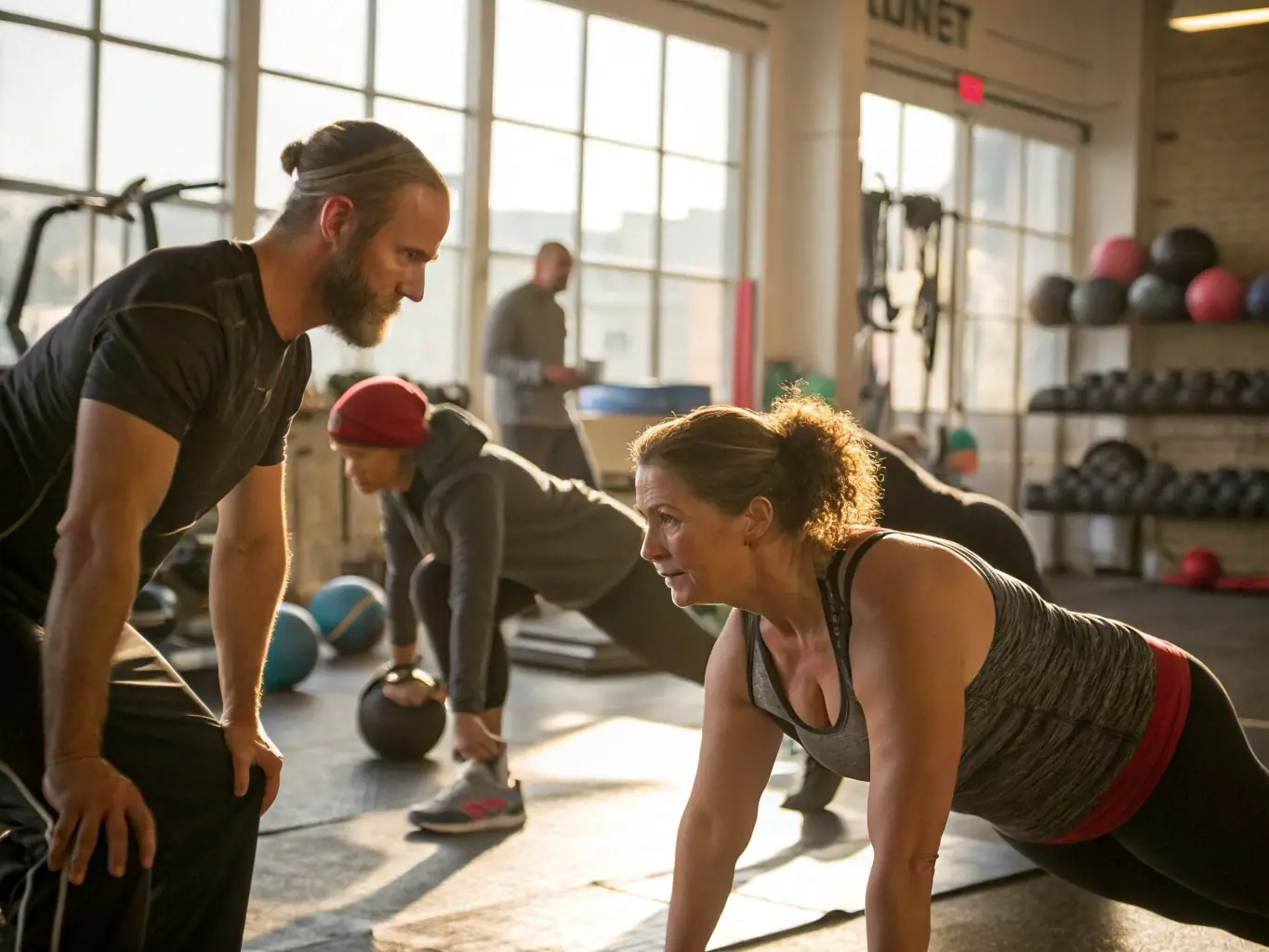 A dynamic image of adults participating in a fitness class, performing exercises with energy and focus, in a well-equipped gym at Centre Culturel des Cordeliers.