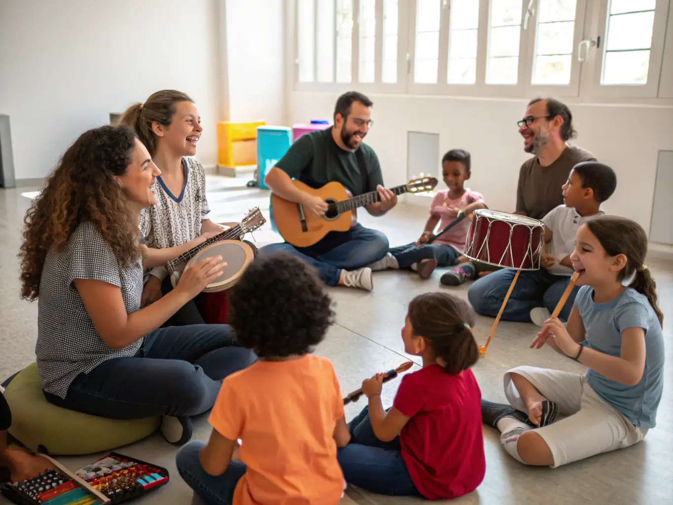 A photograph of participants engaged in a music class, playing various instruments and singing, illustrating the musical education programs offered by the Centre Culturel des Cordeliers.