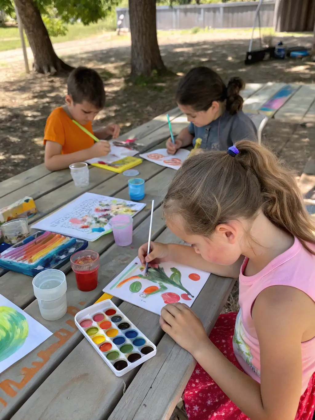 A group of children happily engaged in a painting activity at the ADPEP66 center, showcasing their creativity and teamwork.